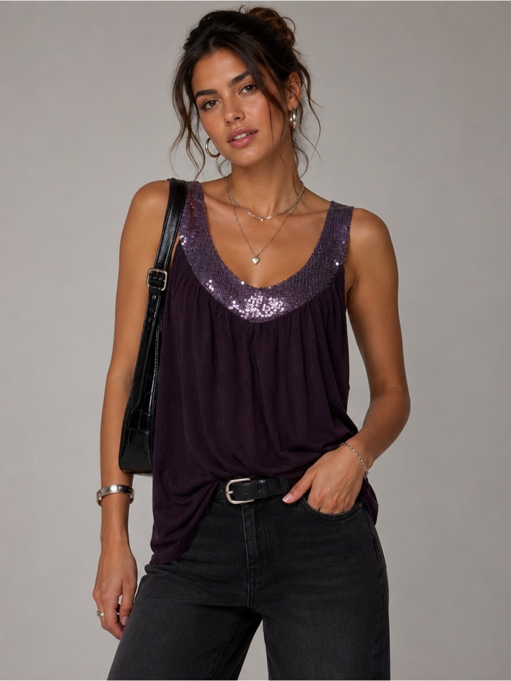 GAP Solid Plum Purple Sequin-Trim Scoop Neck Lightweight Cotton Tank Top size L